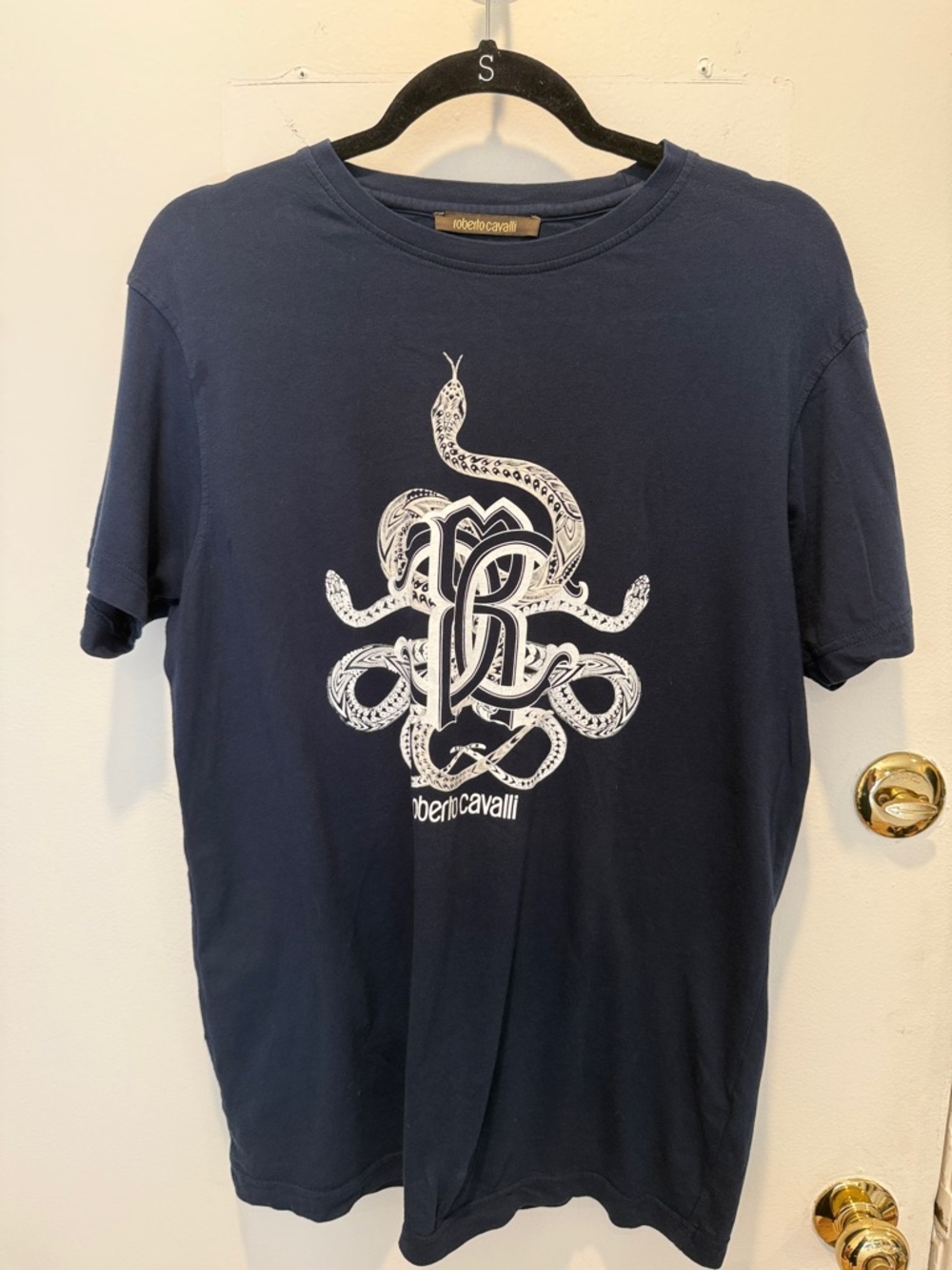 Roberto Cavalli Navy Tee with White Snake Monogram
